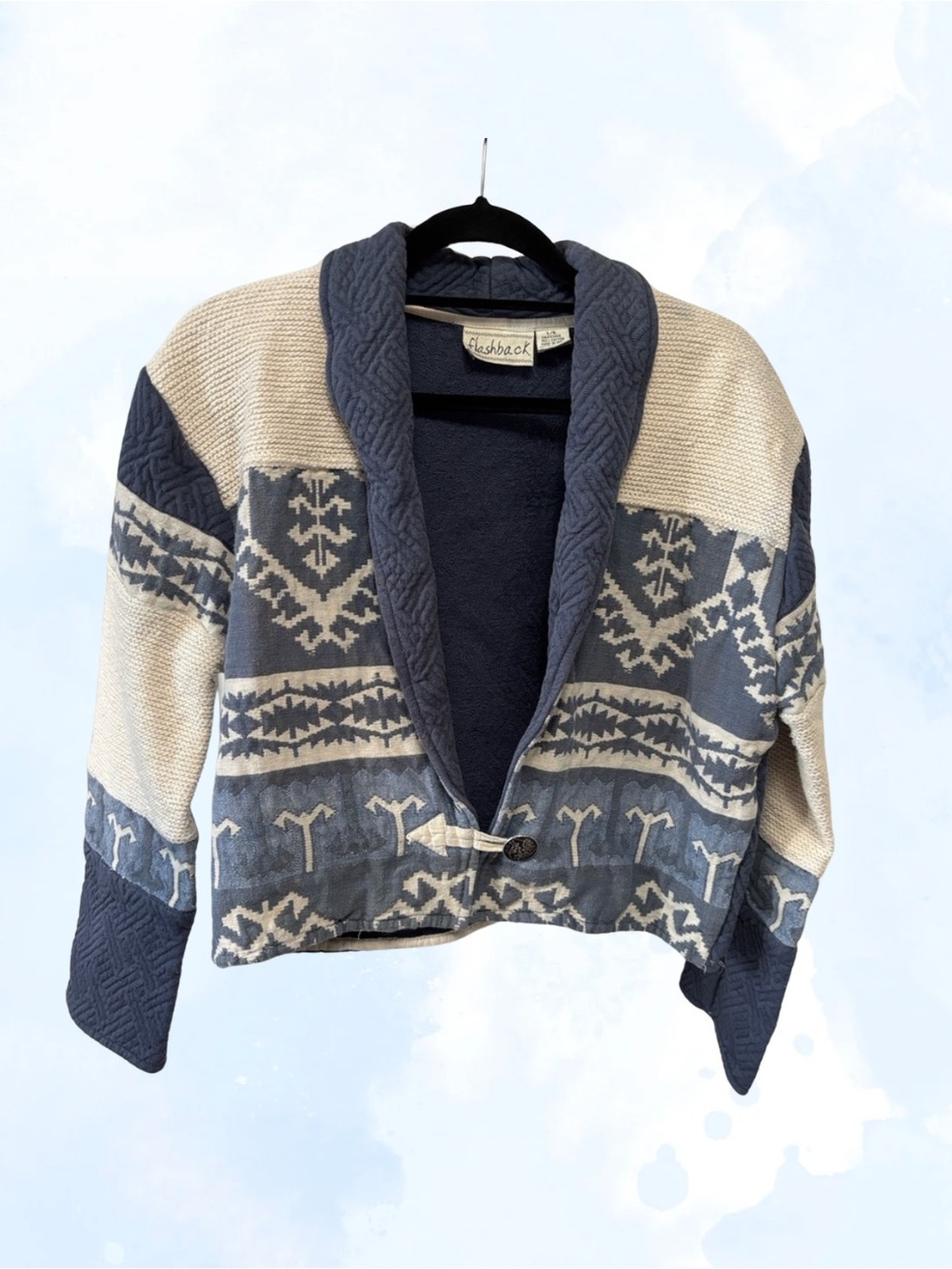 Flashback Blue & Cream Patterned Shawl-Collar Cardigan